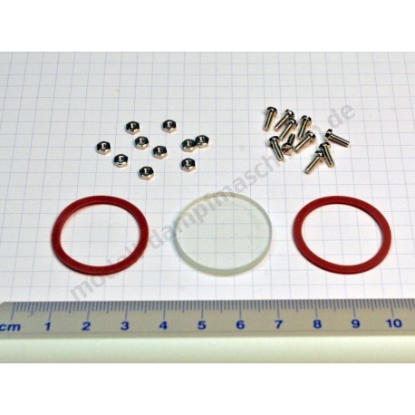 Water gauge glass, 27 mm diameter with bolts, nuts and sealing rings