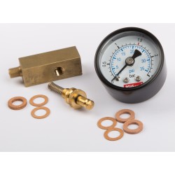 Manometer base, brass, 12 x 12 mm, thread connecting piece M6 x 0,75, spring loaded valve and manometer