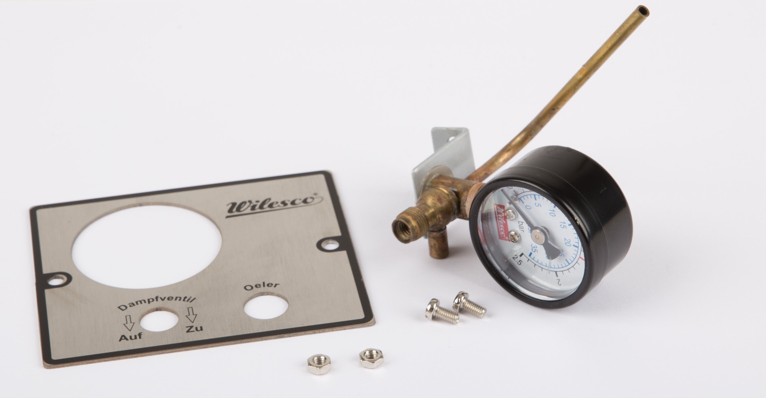 Manometer M 6 Gewinde D=35 mm, Manometeranschlussrohr und Armaturenplatte zum Selbstlöten
